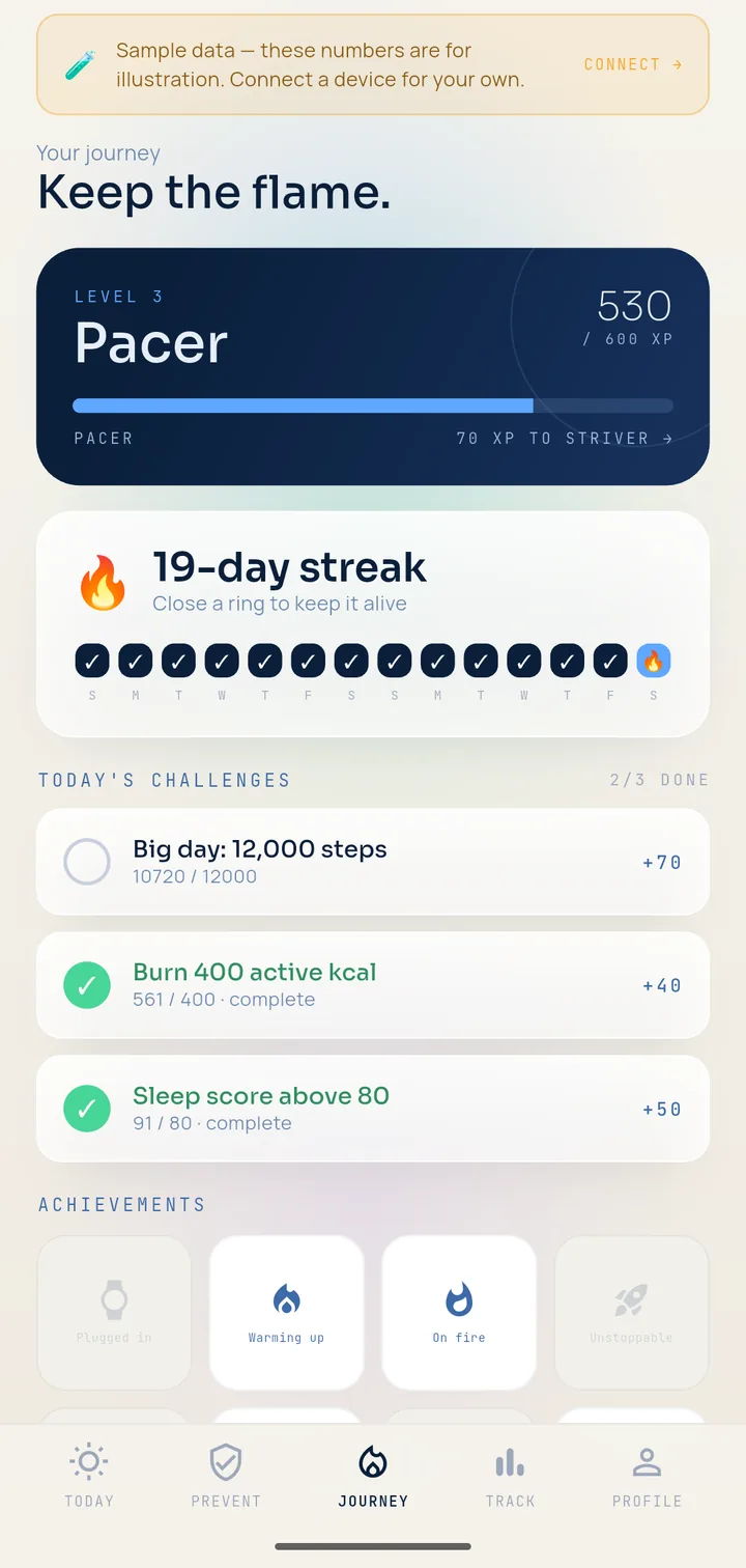 Pulse’s Journey screen: a level and points bar, a daily streak, three daily challenges and achievement badges, all marked as sample data.
