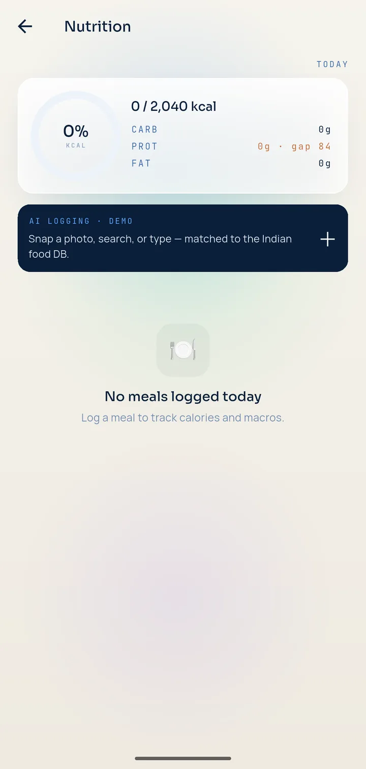 Pulse’s Nutrition screen before any meal is logged: a calorie and macro summary at zero and a prompt to log food from the Indian food list.
